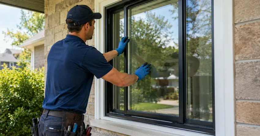 technician measuring a broken window pane for replacement in Fonthill, Pelham
