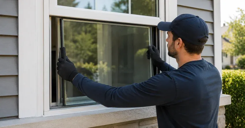 technician boarding up broken window during emergency glass repair Saffron Estates, Pelham