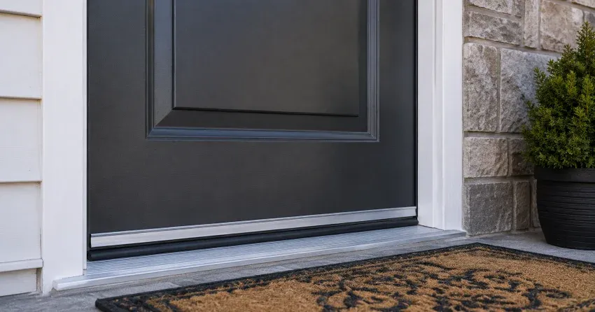 technician replacing worn door weatherstripping in Fonthill, Pelham home