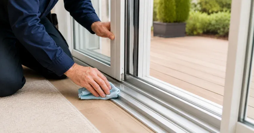 technician inspecting a sliding patio door track in Chantler, Pelham