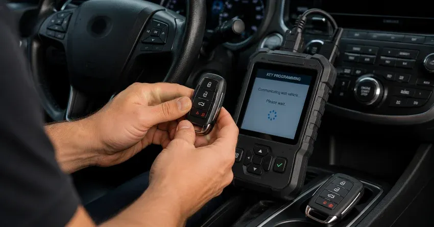 technician inspecting a worn car key before replacement in Fonthill, Pelham