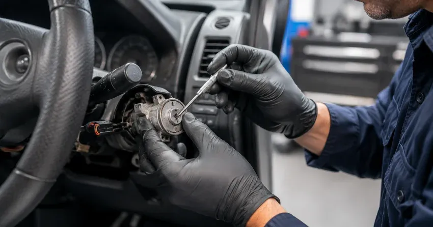 technician diagnosing an ignition lock repair issue in Fenwick, Pelham