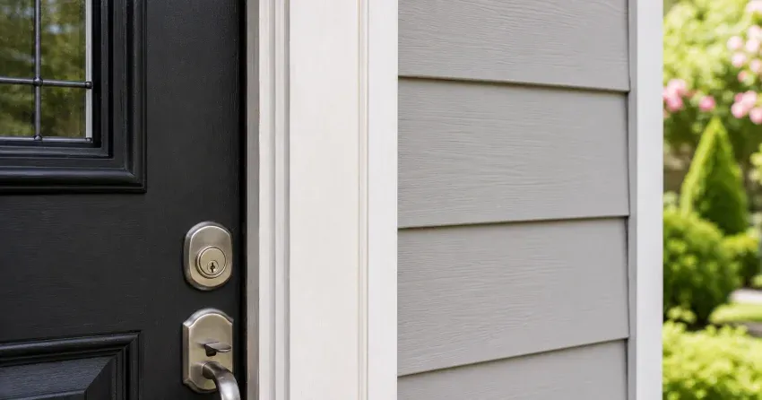 technician inspecting door jamb behind cracked casing in Fonthill, Pelham home