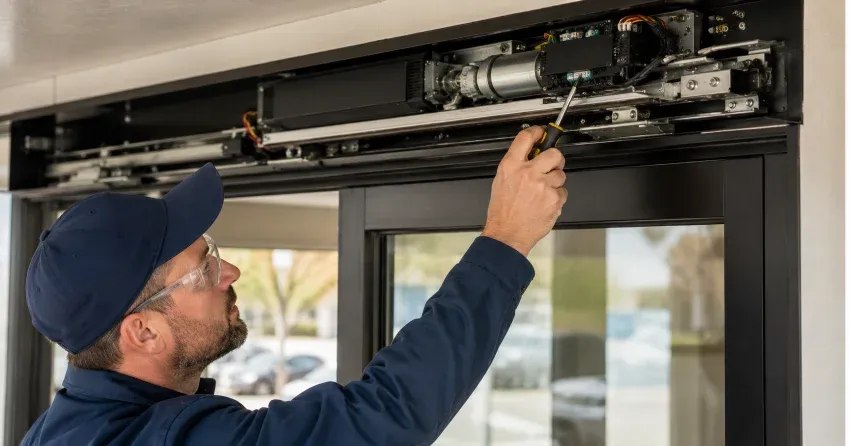 technician completing automatic door repair on residential property in Fonthill, Pelham