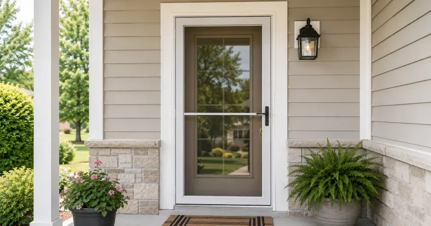 technician hanging storm door square and plumb in Fonthill, Pelham