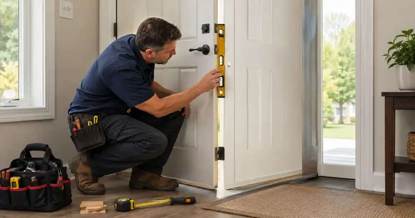 technician diagnosing a misaligned door frame in Chantler, Pelham