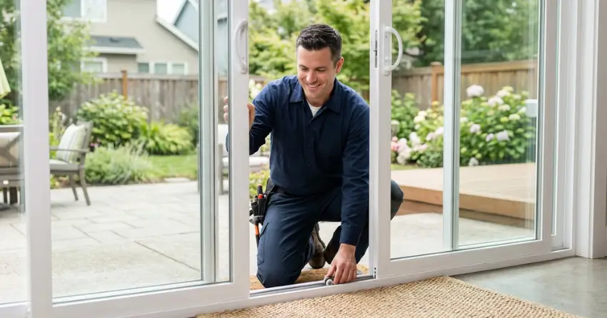 technician diagnosing a sticking patio door in Fonthill, Pelham