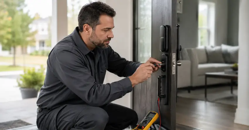 technician diagnosing automatic door lock mechanism on residential door in Ridgeville, Pelham