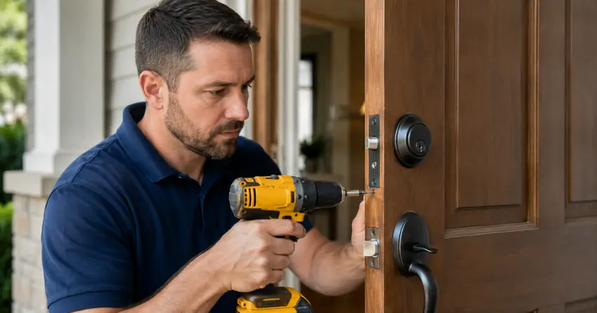 technician installing a new deadbolt during Change Door Lock Fonthill, Pelham service