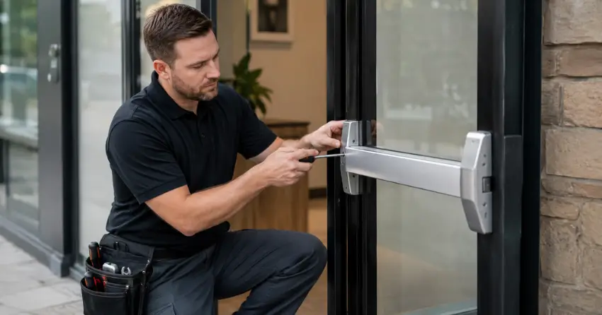 commercial locksmith repairing exit device on storefront door Fonthill, Pelham