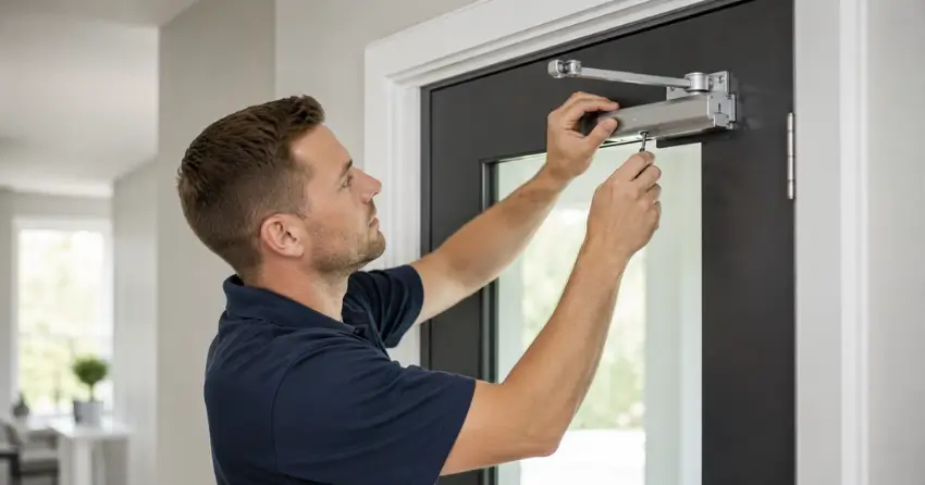 technician adjusting door closer hydraulic valve in Chantler, Pelham home