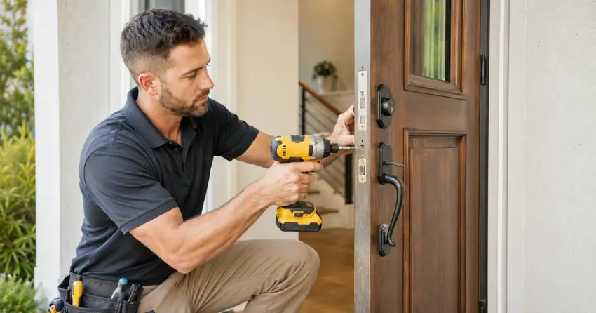locksmith installing new deadbolt lock on front door in Pelham