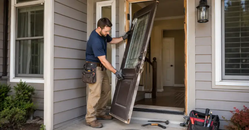 old exterior door being removed for replacement in Fonthill, Pelham