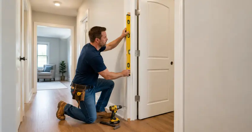 technician installing a pre-hung interior door in a home hallway Pelham