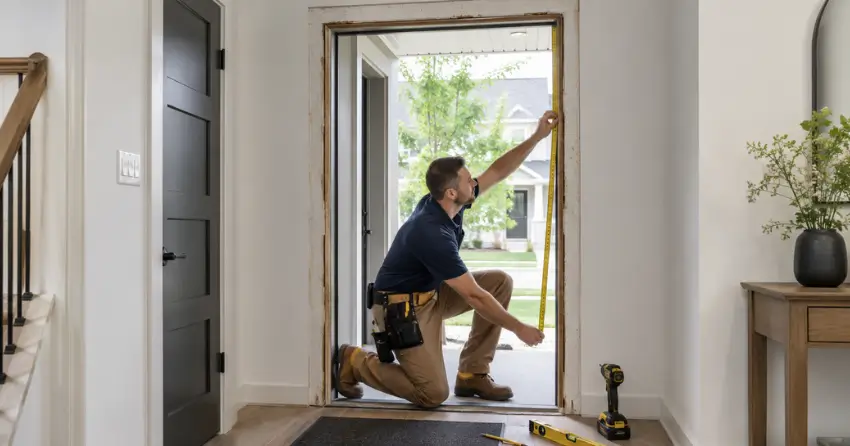 technician measuring a door frame before new door installation in Pelham