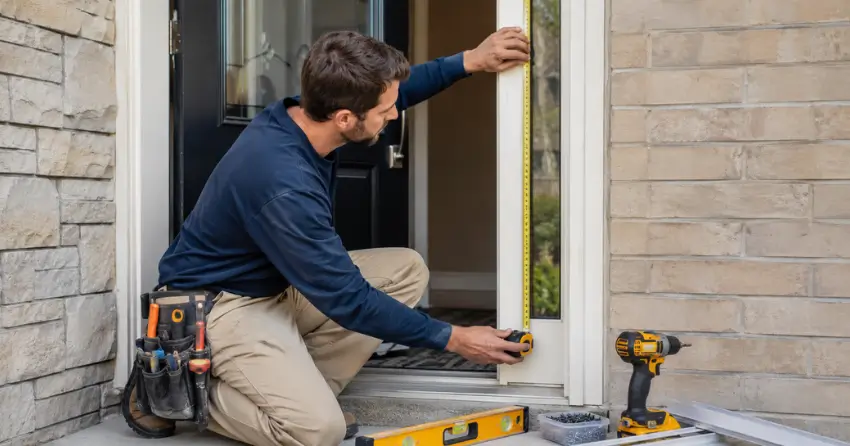 technician measuring door frame before storm door install in Fonthill, Pelham