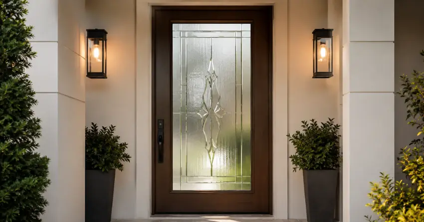decorative frosted glass panel installed in a front door in Fonthill, Pelham