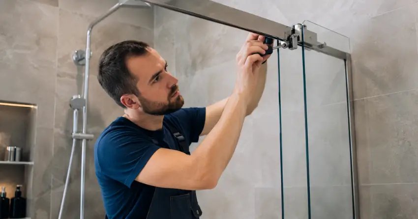 technician adjusting shower door hinge and track in Pelham