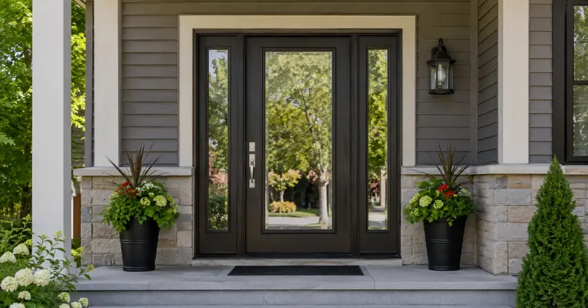 glass entry door with sidelights on a home in Pelham