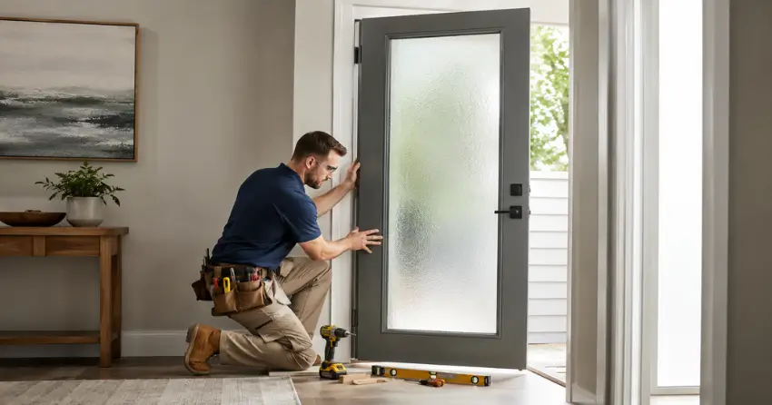 glass panel door installation with frosted privacy glass in residential setting in Fenwick, Pelham