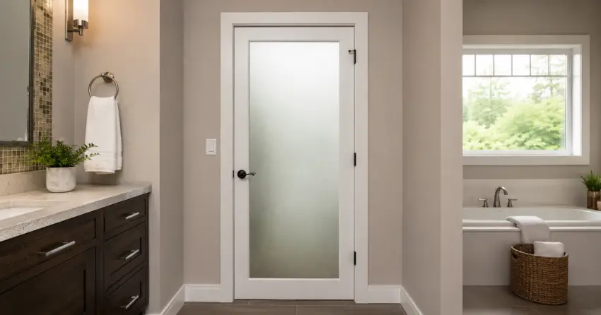 frosted glass panel bathroom door installed in a Ridgeville, Pelham home
