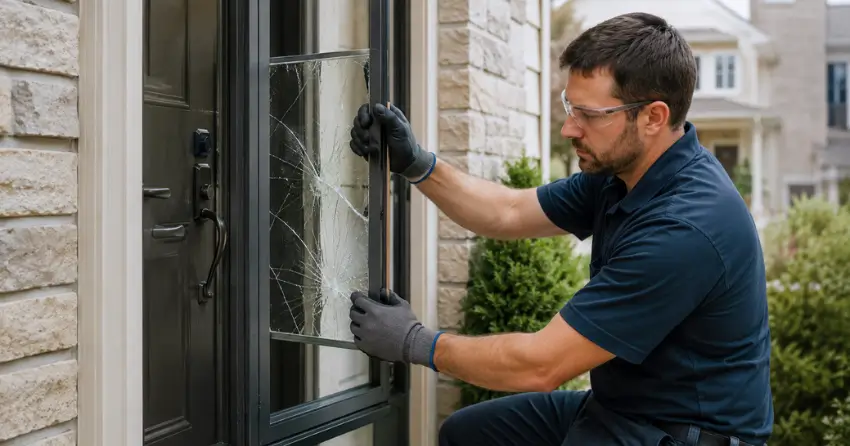technician removing cracked storm door glass panel in Effingham, Pelham