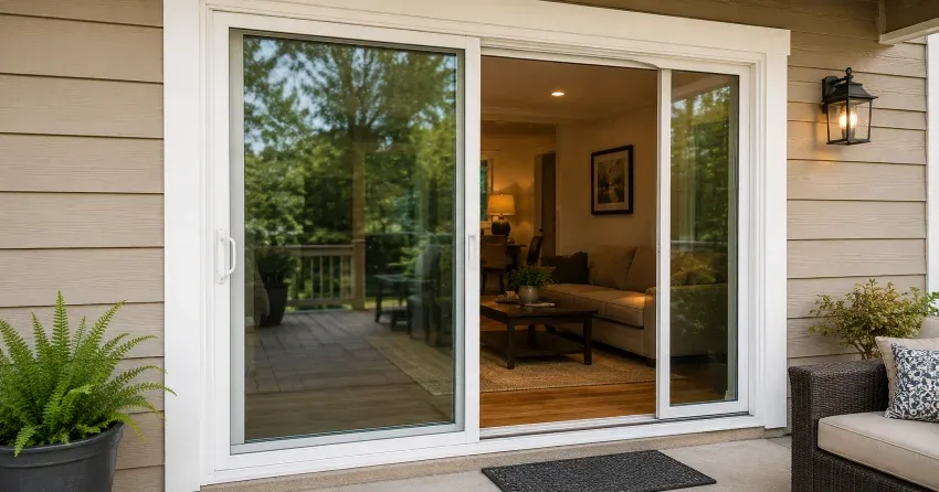 Patio Door Installation technician setting a new frame in Ridgeville, Pelham