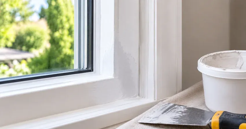technician repairing rotted window frame corner in Fenwick, Pelham