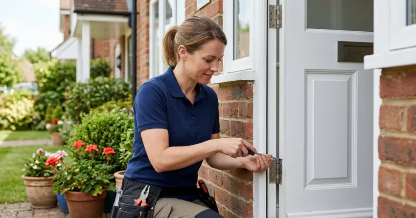 technician repairing exterior door hinge and frame in Fenwick, Pelham