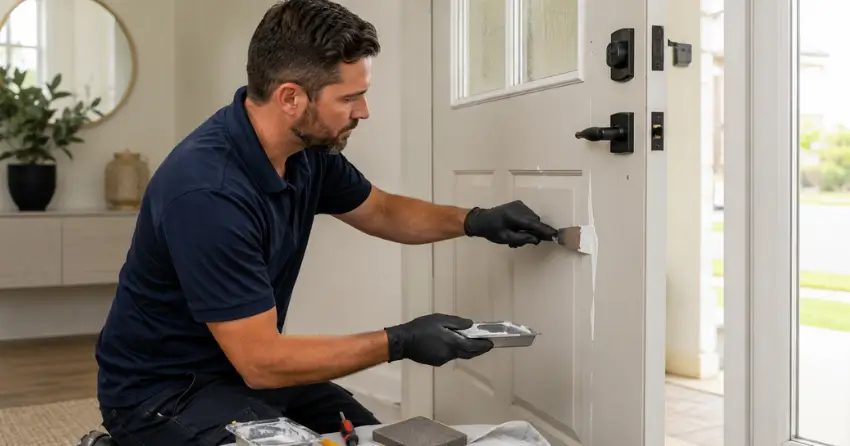 technician repairing fiberglass door surface crack in Saffron Estates, Pelham