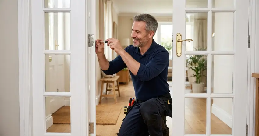 technician adjusting French door hinge for proper alignment in Saffron Estates, Pelham