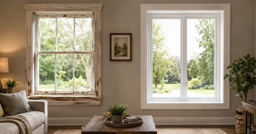 side by side comparison of old and new window in Pelham