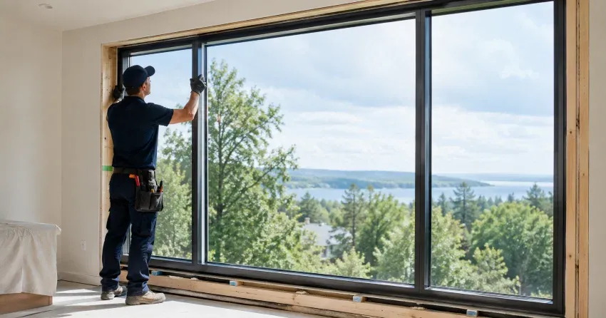 Architectural arched window installed in a residential gable end with custom glazing in Pelham
