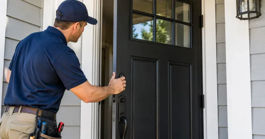 technician adjusting door hinge and strike plate in Saffron Estates, Pelham home
