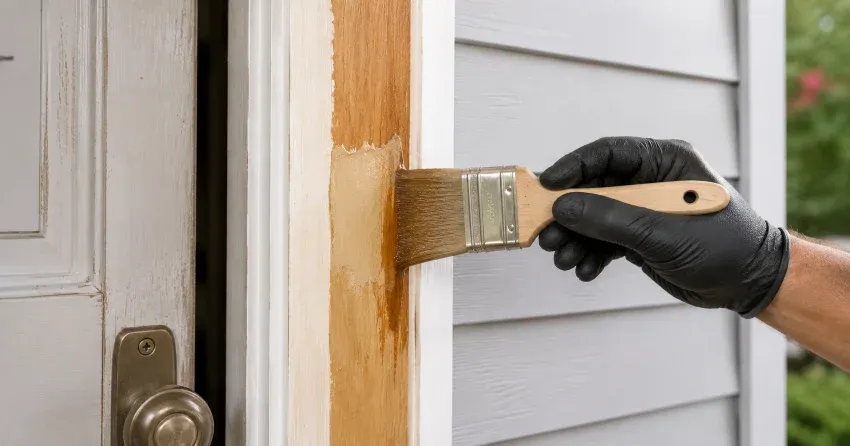 technician probing rotted wood on a door frame in Saffron Estates, Pelham