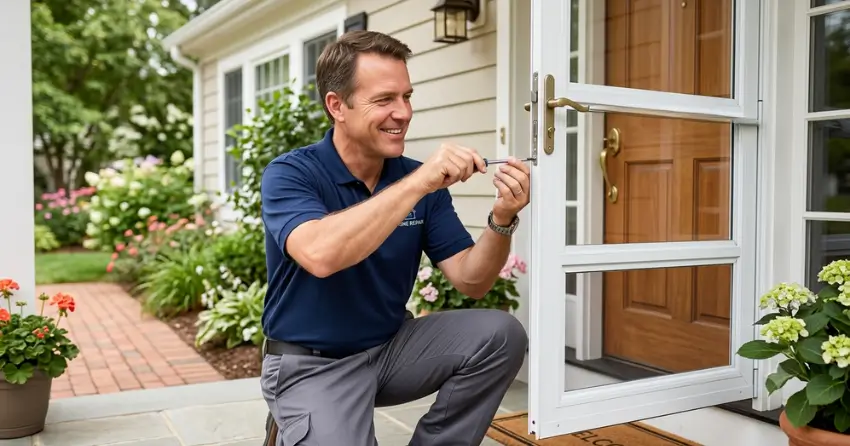 technician adjusting storm door hinge and closer in Chantler, Pelham