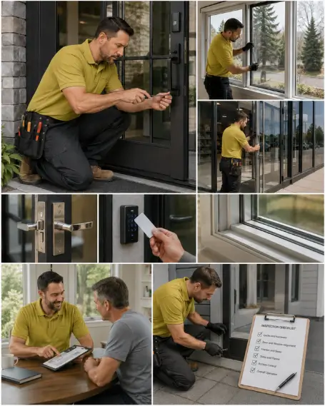 A technician fitting replacement hinges to a sagging entry door